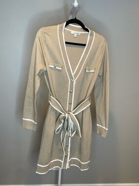 Lalavon Beige Knit Button-Front Cardigan Dress with White Trim